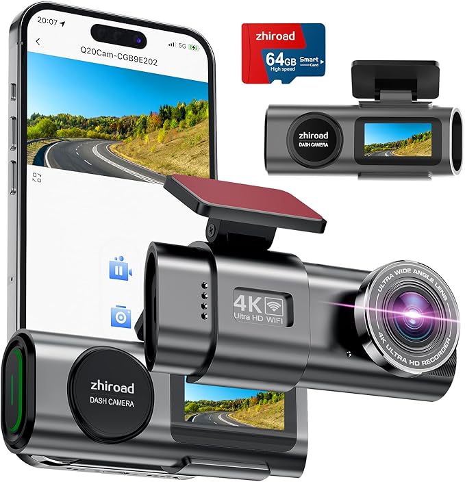 Dash Cam 4K Front, Built-in WiFi Dash Camera for Cars, 1.47''IPS Screen Mini Dashcam with APP, 170°Wide Angle, 24H Parking Monitor, Night Vision, WDR, G-Sensor, with 64G SD Card, Support 256GB Max