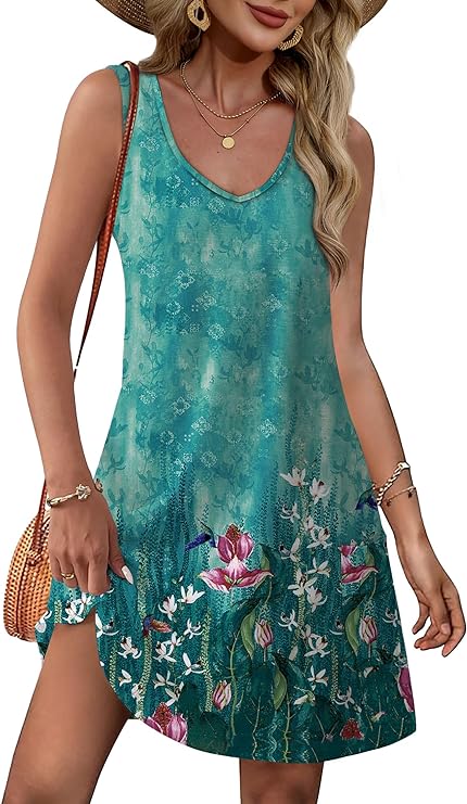 OFEEFAN Womens Summer Dresses 2025 Loose V Neck Sleeveless Sundresses Swimsuit Coverup with Pockets Floral/Plain/Eyelet