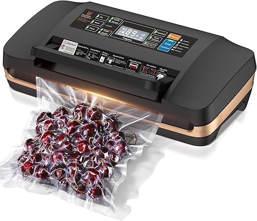 95kpa Vacuum Sealer Machine,Commercial Full Automatic Food Sealer,Powerful Sealing System with Double Heat Seal,Bags Storage, Easy-Lock Handle,Build-in Cutter,1 Bag Rolls and 10 pcs Pre-cut Bags
