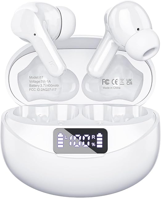 Wireless Earbuds Bluetooth Headphones 50H Playback Ear Buds with IPX7 Waterproof, HD Microphone, LED Display for iPhone and Andriod White