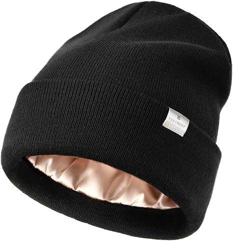 YANIBEST Womens Satin Lined Knit Beanie Hat Acrylic Winter Hats for Women Men Silk Lining Soft Slouchy Warm Cuffed Beanie Hat