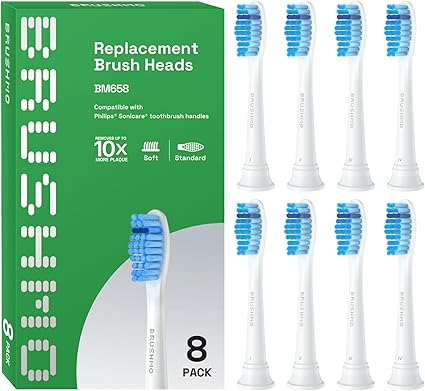Brushmo Sensitive Extra Soft Bristle Compatible for Philips Sonicare Replacement Toothbrush Heads HX6053/64, Gentle Yet Effective Cleaning for Sensitive Teeth and Gums, White, BM658, 8pk