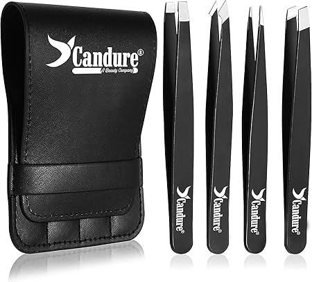 Professional Precision Eyebrow Tweezers - Set of 4 Stainless Steel Tweezers for Removing Blackheads, Contoured Bristles, 3.8-Inch Black Eyelashes