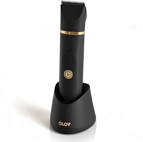 OLOV Electric Body Hair Trimmer - Groin Trimmer for Men - Bikini Trimmer Women - Wet/Dry Shaver Groomer, Replaceable Ceramic Blade Heads, USB Recharge Dock, Waterproof Hygiene Razor,Black