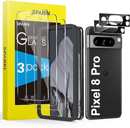 SPARIN Tempered Glass Screen Protector for Google Pixel 8 Pro with Frame Installation Aid, 3 Screen Protectors and 2 Camera Screen Protectors, 9H Hardness, HD Clear