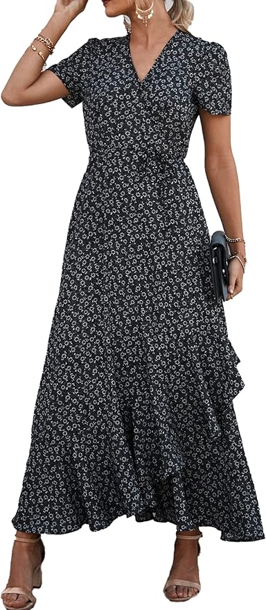 PRETTYGARDEN Women's Summer Wrap Maxi Dress Casual Boho Floral V Neck Short Sleeve Ruffle Hem Split Beach Long Dresses
