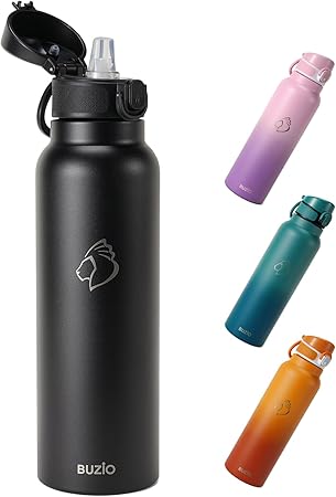 32oz Insulated Water Bottle with Straw Lid, BUZIO Vacuum Stainless Steel Water Flask with Handle, Wide Mouth Double Wall Leak Proof Sport Drinking Tumbler Cup- Cold for 48 Hrs (Black)
