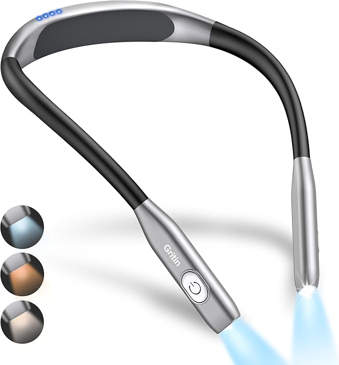 Gritin Neck Reading Light, Book Light for Reading in Bed- Eye Caring 3 Colors,Stepless Dimming Brightness,Bendable Arms,80 Hrs Runtime,Round Neck Design,Comfortable&Flexible for Knitting etc