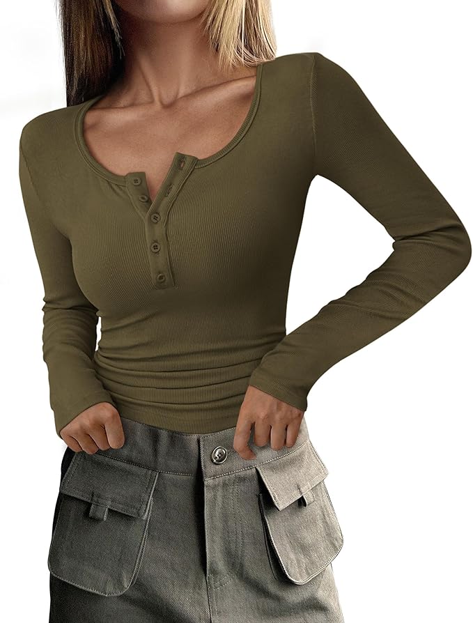 PRETTYGARDEN Women's 2025 Spring Fall Long Sleeve Henley T Shirts Button Ribbed Knit Slim Fit Casual Basic Tops Blouse