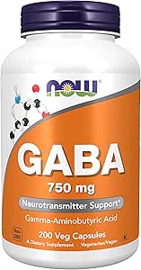 NOW Foods Supplements, GABA (Gamma-Aminobutyric Acid) 750mg, Neurotransmitter Support*, 200 Veg Capsules