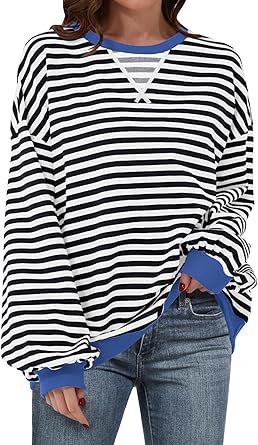 ANRABESS Women Striped Oversized Sweatshirt Long Sleeve Crewneck Shirts 2025 Fall Fashion Pullover Sweater Trendy Clothes