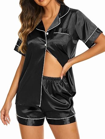 Ekouaer Womens Silk Satin Pajama Sets Short Sleeve Button Down Sleepwear Cozy Loungewear 2 Piece Pjs Shorts Set S-XXL