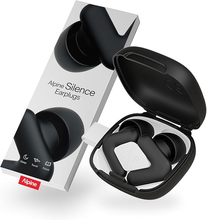 Alpine Silence Earplugs for Sleep, Focus & Travel - V-Shape Snug Fit & Soft Oval Tips – 4 Sizes XS/S/M/L - Comfortable, Reusable Hearing Protection - 22dB – Black