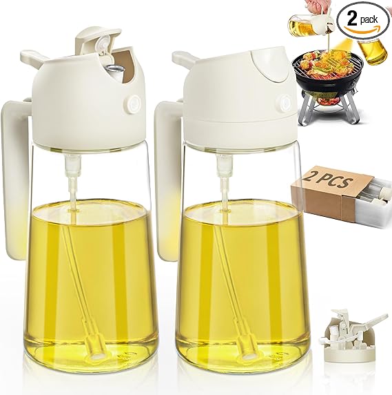 Oil Sprayer for Cooking 2pcs,2 in 1 Oil Dispenser and Oil Sprayer Kitchen Gadgets-16oz Glass Oil Spray Bottle,Mist Olive Oil Dispenser for Kitchen,Air Fryer,Salad, Grill (White Kitchen Accessories)