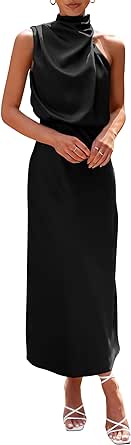 PRETTYGARDEN Women's 2024 Summer Satin Dress Elegant Sleeveless Mock Neck Cocktail Party Maxi Dresses
