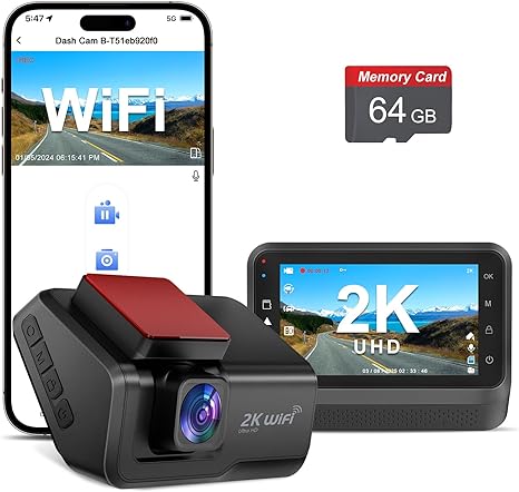 Dash Cam for Cars, 2K Car Camera WiFi, Front Dash Camera for Cars, Mini Dash Cam with Super Night Vision, Free 64GB Card, 24H Parking Monitor