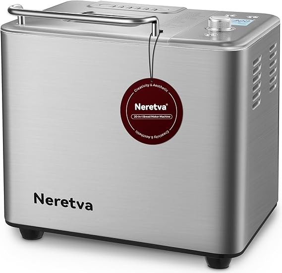 Neretva Bread Maker, [20-IN-1 & Dual Heater & 2LB]Smallest Size Bread Machine Nonstick Ceramic Pan Bread Maker Machines All Metal for Gluten Free/Dough Maker/French/Dried Meat Floss/Jam/Yogurt(Silver)