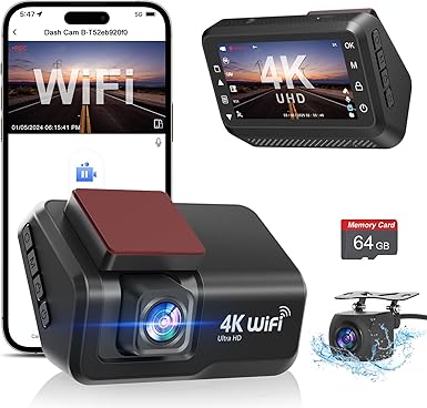 Dash Cam Front and Rear Camera, 4k 1080P WiFi Dual Dash Cam with APP, 3’’ IPS Dash Camera for Cars with Free 64GB Card, Otovoda Dashboard Camera with Night Vision, 24/7 Parking Monitor, WDR