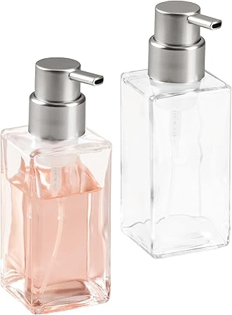iDesign Refillable Foaming Dispenser for Kitchen or Bathroom Vanity-Set of 2-Clear/Brushed Nickel Soap Pump, Silver