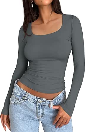 Trendy Queen Womens Long Sleeve Shirts Crop Tops Basic Double Layering Tight Slim Fit Y2K T Shirts Winter Clothes 2024