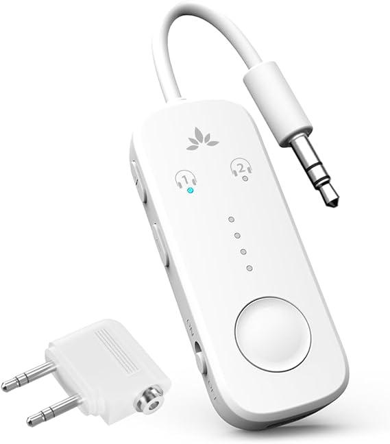 Avantree Relay - Premium Airplane Bluetooth 5.3 Adapter, Supports 2 AirPods or Headphones with aptX Adaptive, 3.5mm AUX Jack Wireless Audio Transmitter for Planes, Airline, Travel, TV