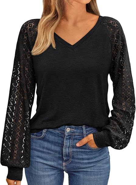AUTOMET Womens Long Sleeve Shirts V-Neck Lace Tops Business Casual Blouses Tee Trendy 2025 Fall Fashion Outfits Clothes