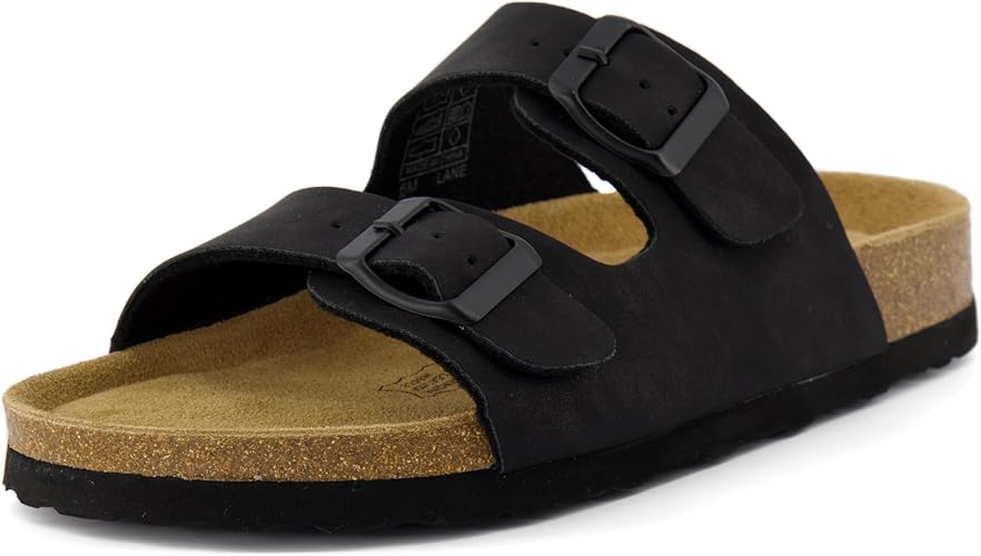 CUSHIONAIRE Lane Cork Footbed Sandals for Women – Comfortable Double Buckle Slip-On with Genuine Suede Footbed & Arch Support Slides for Women Footwear